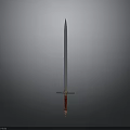 Sword with slim blade red hilt and metal guard against gray gradient background