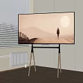 Stylish TV On Wooden Stand In Modern Interior With Scenic View And Window Blinds