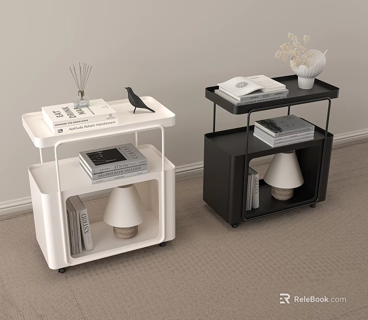 Modern White And Black Coffee Tables With Multi Tier Design And Decorative Items 3d model 
