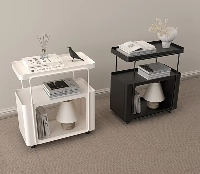 Modern White And Black Coffee Tables With Multi Tier Design And Decorative Items 3d model