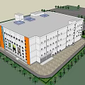 Modern Commercial Complex With Orange Blue Glass Facade Advertisement Billboards Parking Area And Greenery
