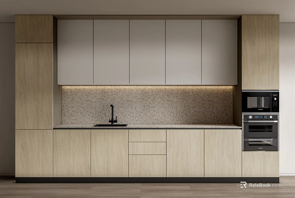 Modern Kitchen Interior With Light Wood Cabinets Stone Countertop Sink And Oven 3d model 