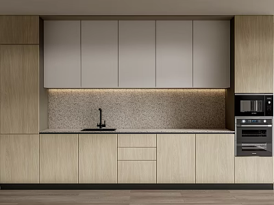 Modern Kitchen Interior With Light Wood Cabinets Stone Countertop Sink And Oven 3d model