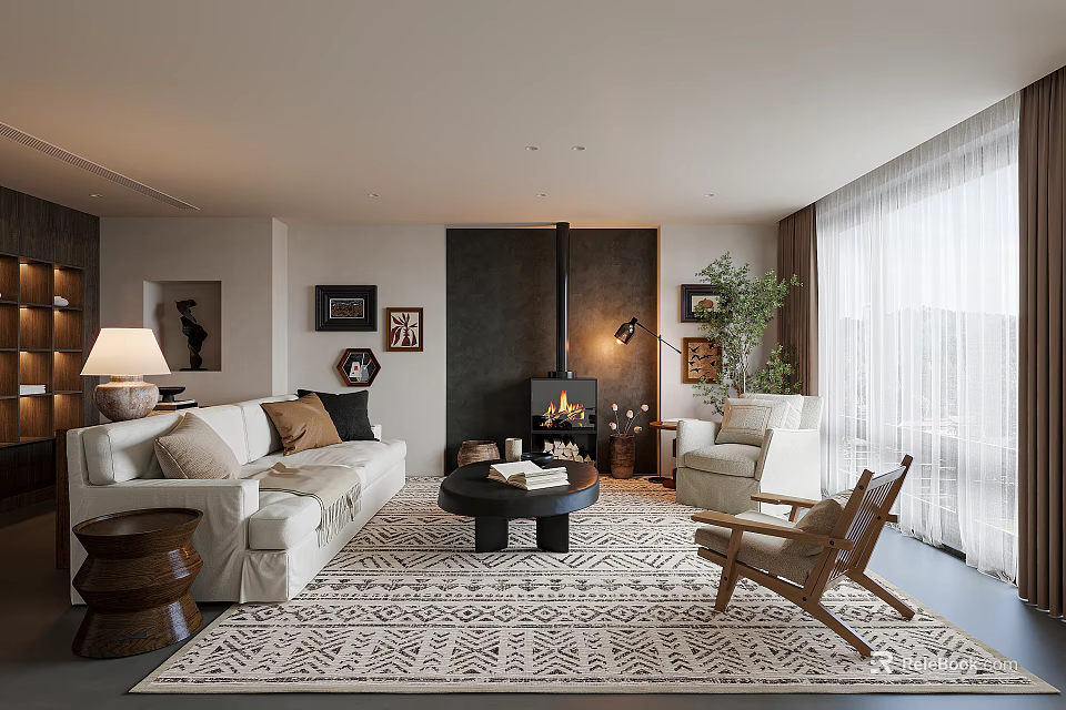 Cozy Living Room Interior With White Sofa Throw Pillows Patterned Rug Fireplace And Armchair 3d model 