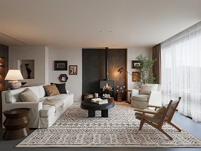 Cozy Living Room Interior With White Sofa Throw Pillows Patterned Rug Fireplace And Armchair 3d model