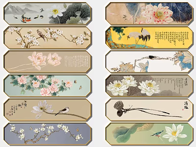 Traditional Chinese Botanical Paintings With Floral Bird Motifs And Elegant Wall Art Design 3d model
