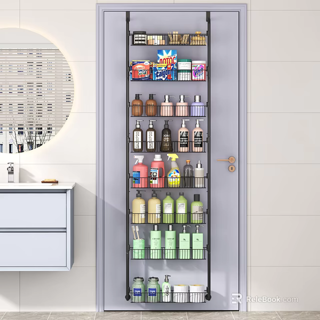 Modern Bathroom Vanity With Round Mirror And Multi Layer Shelf For Organized Toiletries 3d model 