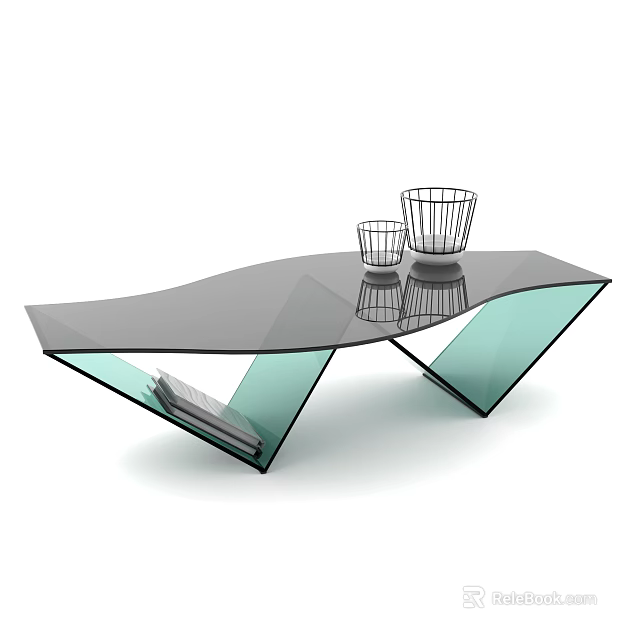 Modern Glass Coffee Table For Living Room With Wavy Top Decorative Cups Metal Basket 3d model 