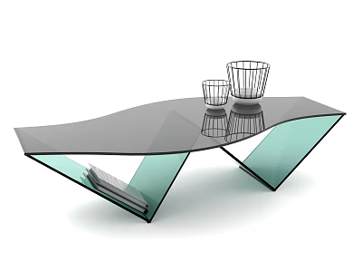 Modern Glass Coffee Table For Living Room With Wavy Top Decorative Cups Metal Basket 3d model