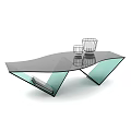 Modern Glass Coffee Table For Living Room With Wavy Top Decorative Cups Metal Basket