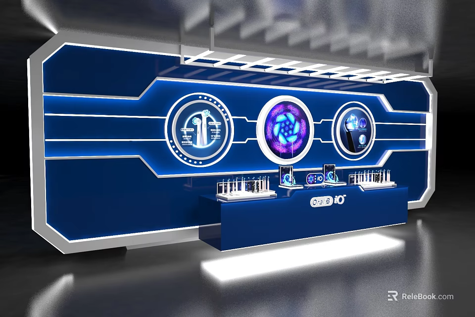 Futuristic Tech Exhibition Area With Blue Background Circular Screens And Display Counter 3d model 
