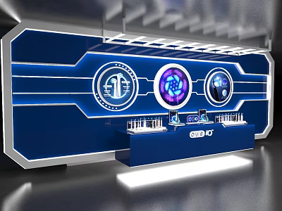 Futuristic Tech Exhibition Area With Blue Background Circular Screens And Display Counter 3d model