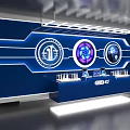 Futuristic Tech Exhibition Area With Blue Background Circular Screens And Display Counter