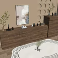 Wooden Console Cabinet And Side Cabinet In Modern Entryway With Wall Art Plants And Rug