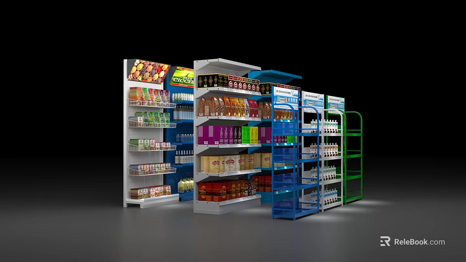 Multi Colored Retail Display Shelves Stocked With Food And Beverage Products 3d model 