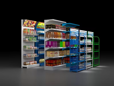Multi Colored Retail Display Shelves Stocked With Food And Beverage Products 3d model
