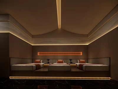 Elegant Hotel Guest Room Interior With Three Beds Warm Lighting And Wooden Panels 3d model