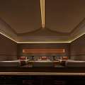 Elegant Hotel Guest Room Interior With Three Beds Warm Lighting And Wooden Panels