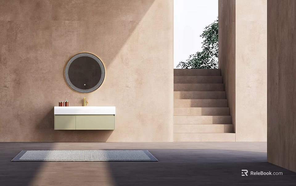 Modern Wall Mounted Bathroom Vanity With Round Gold Frame Mirror And Natural Light 3d model 