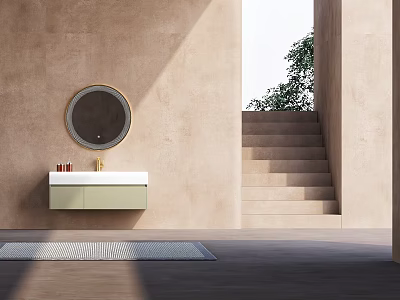 Modern Wall Mounted Bathroom Vanity With Round Gold Frame Mirror And Natural Light 3d model