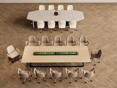 Wooden Conference Table With Beige Chairs And Green Screen On Herringbone Wooden Floor 3d model