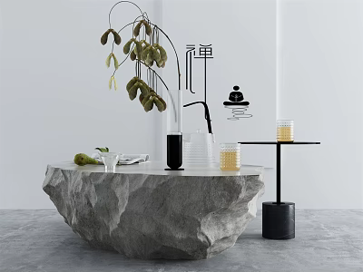 Natural Stone Coffee Table In Zen Style With Green Plants Decorative Fruits And Side Table 3d model