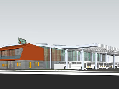 Modern Bus Station With Orange Roof Glass Curtain Walls And Parked Buses 3d model