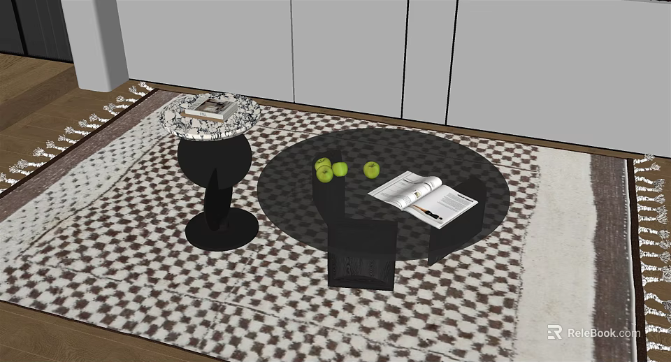 Modern Coffee Table Interior With Black And White Checkered Rug Open Book And Green Balls 3d model 