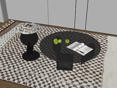 Modern Coffee Table Interior With Black And White Checkered Rug Open Book And Green Balls 3d model