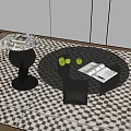 Modern Coffee Table Interior With Black And White Checkered Rug Open Book And Green Balls