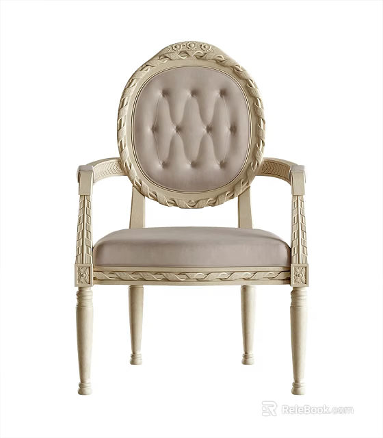 Elegant Light Colored Accent Chair with Tufted Round Backrest Carved Armrests and Carved Legs 3d model 