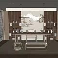 Modern Tea Room Interior Design With Bookshelves Landscape Painting Hanging Lamp Table And Bench