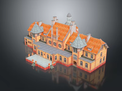 Cartoon Style 3D Model House with Orange Roof Multiple Spires Towers Windows and Entrance Plaza 3d model