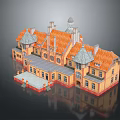 Cartoon Style 3D Model House with Orange Roof Multiple Spires Towers Windows and Entrance Plaza