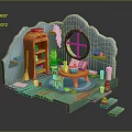Cartoon Scene With Orange Bookshelf Green Plants Round Window Wooden Table Blue Rug And Steps