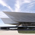 Modern Streamlined Museum Building With Glass Curtain Wall And Water Pool Reflection