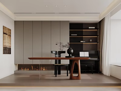 Modern Study Room Interior With Wooden Desk Black Chairs Bookshelves Fireplace And Decorative Painting 3d model