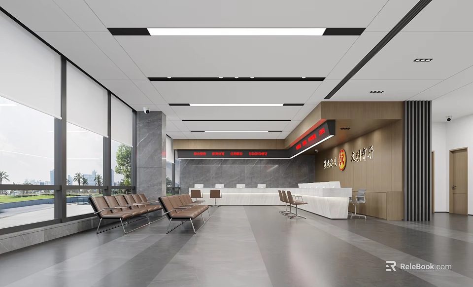 Modern Spacious Service Hall Interior With Seating Area And Counters 3d model