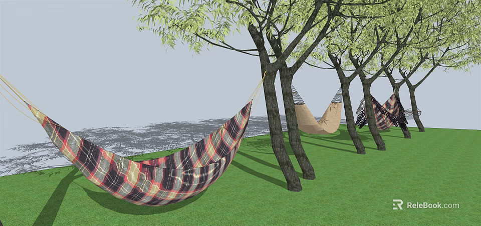 Plaid Pattern Hammock Hanging Between Trees On Green Grass Near Water 3d model