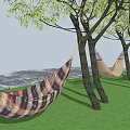 Plaid Pattern Hammock Hanging Between Trees On Green Grass Near Water 3d model