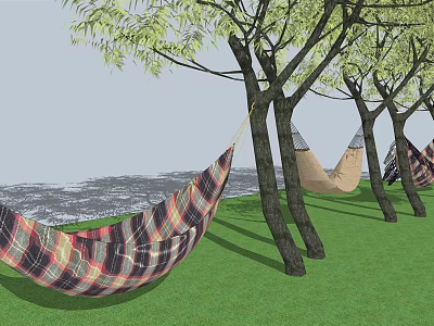 Plaid Pattern Hammock Hanging Between Trees On Green Grass Near Water 3d model