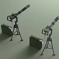 Military Machine Guns Mounted On Tripods With Green Storage Boxes 3d model
