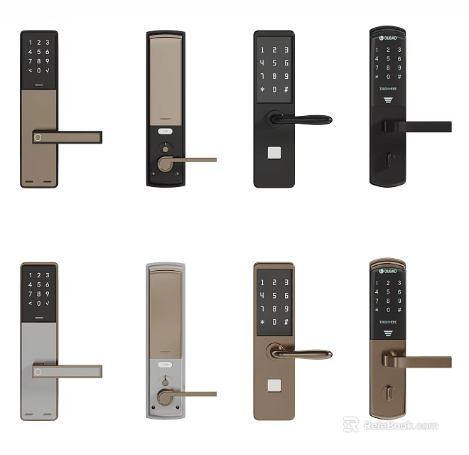 Modern Door Handle Designs In Different Styles With Digital Keypad And Metal Finishes 3d model 