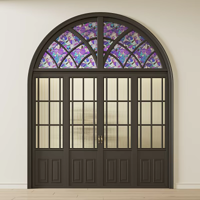 Decorative Double Doors With Black Frame And Stained Glass Arched Top Design 3d model