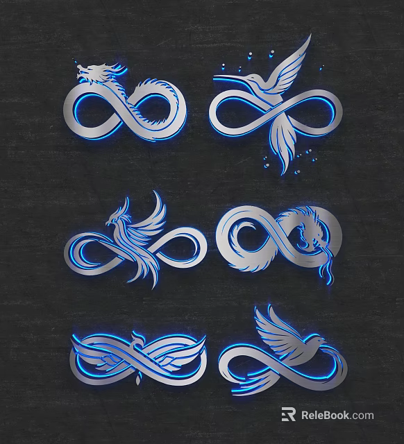 Art Installation Featuring Infinity Symbol With Dragon Hummingbird Phoenix In Blue Silver Design 3d model 