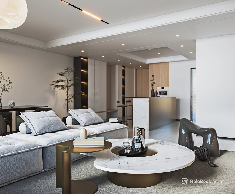 Modern Open Concept Living Dining Room Interior With Sofa Marble Coffee Table And Plants 3d model 