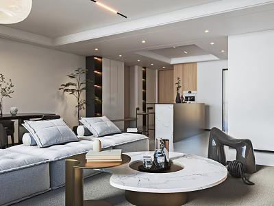 Modern Open Concept Living Dining Room Interior With Sofa Marble Coffee Table And Plants 3d model