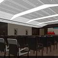 Modern Conference Room With Red Flags Emblem Row Of Chairs Ceiling Lighting And Large Windows