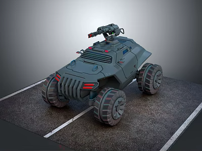 Armored Military Vehicle With Roof Mounted Weapon And Large Wheels On Parking Surface 3d model
