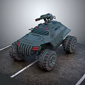 Armored Military Vehicle With Roof Mounted Weapon And Large Wheels On Parking Surface